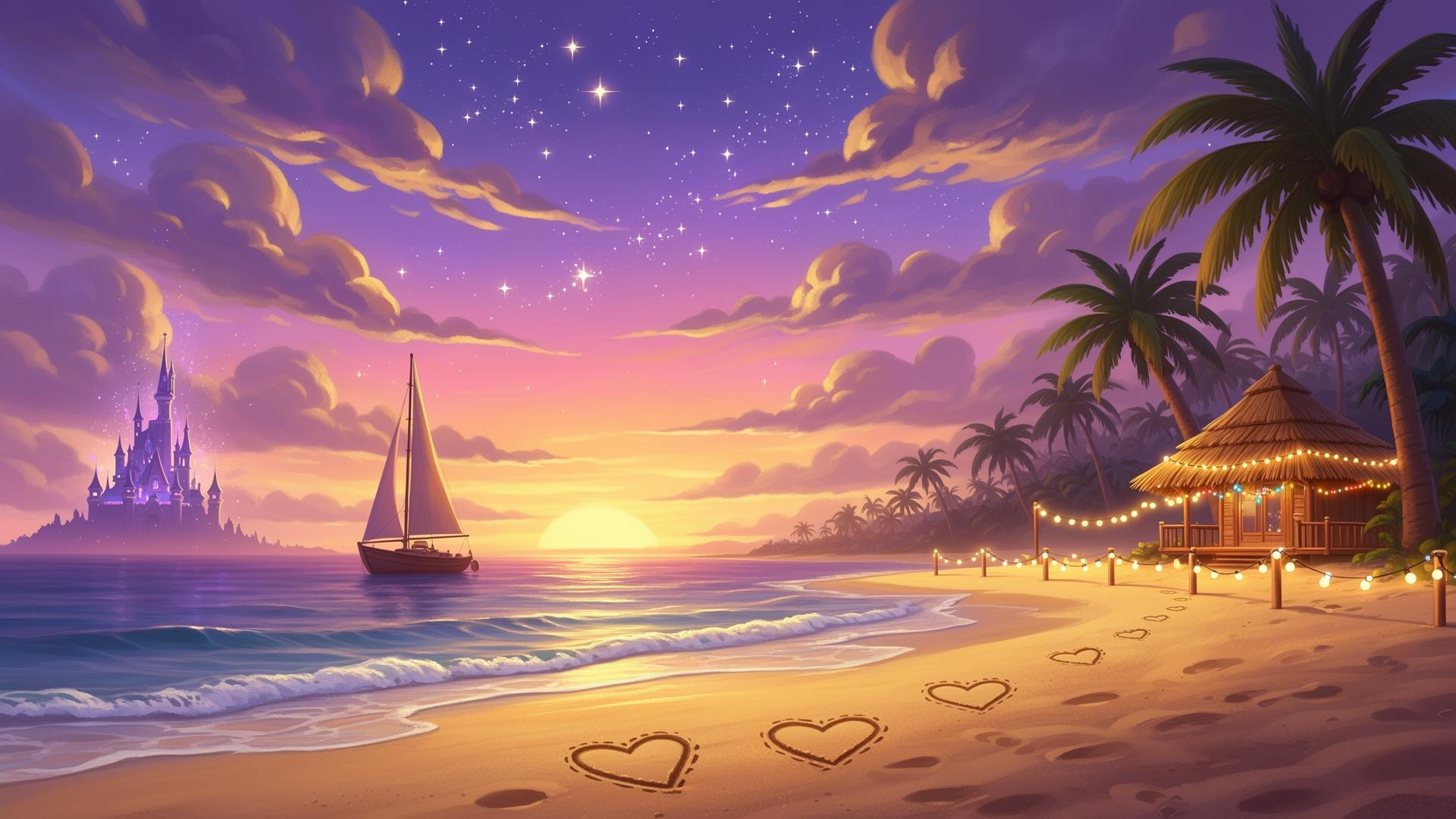 Magical sunset beach with castle